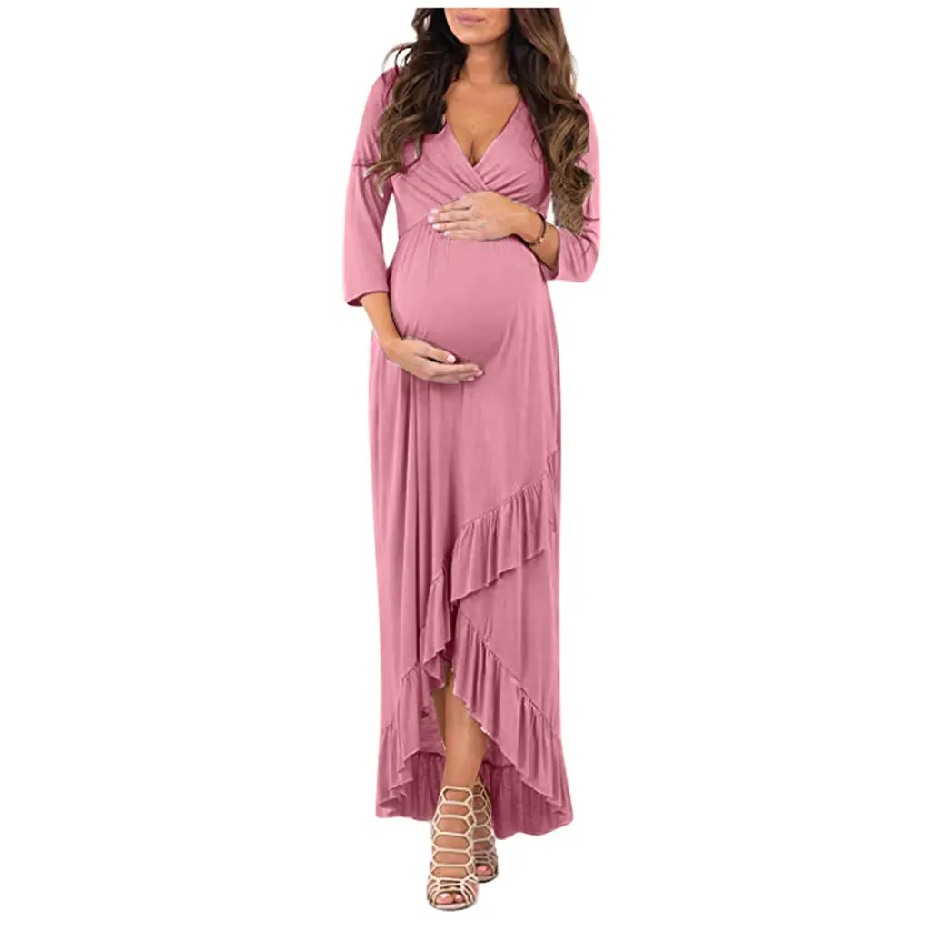 Solid color summer v neck short sleeve maxi maternity dress full length women pregnant dresses