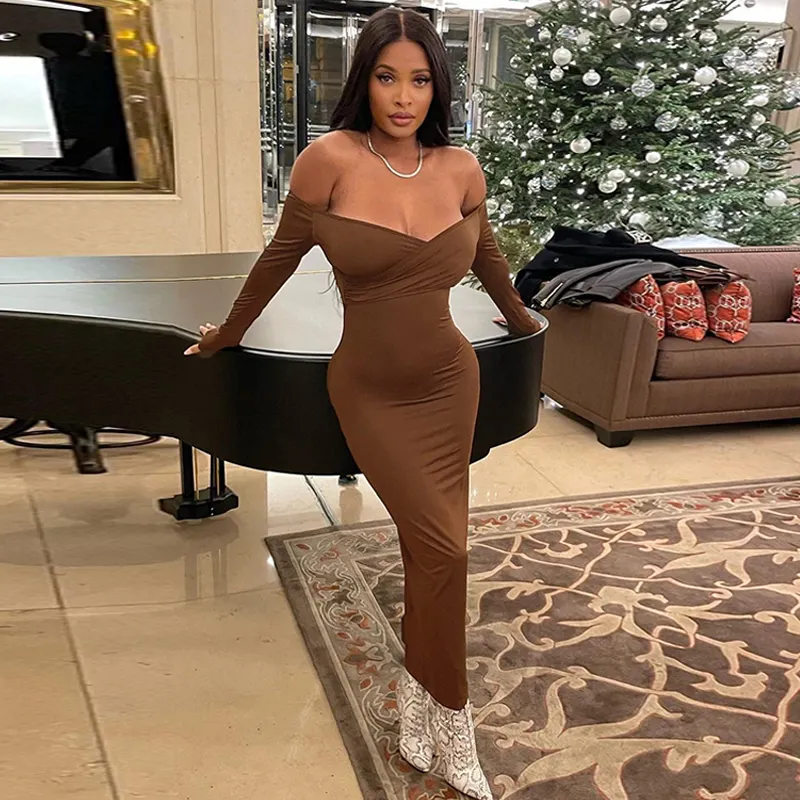 W-S1002A Long Sleeve Maxi Bodycon Dress Women Solid Party Dress Birthday Evening Wedding Night Dresses