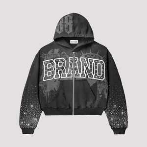 2025 New Fashion Custom Breathable Rhinestone Screen Print Acid Wash Vintage Summer Smart Casual Men's <b>Hoodie</b> Sweatpants Set - Product Image 2