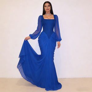 Robes élégantes pour femmes, tendance, en mousseline <span class=keywords><strong>de</strong></span> soie bleu vif, à manches longues, col carré, froncées, style sirène, longueur au sol - Product Image 2