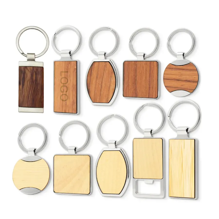 Wholesale Custom Shape Plain Accessories Engravable Logo Keyring Wooden Keychain In Bulk Wood Blank Metal Key Ring Keychain