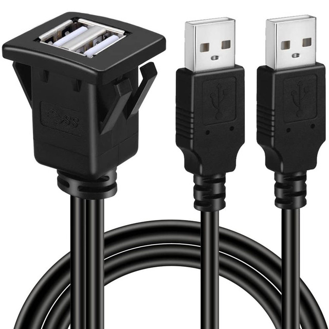Dual Ports Square USB 2.0 Panel Flush Mount Extension Cable with Buckle for Car Truck Boat Motorcycle Dashboard