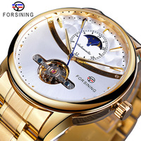 Montre automatique pour homme Forsining, phase de lune dorée, bracelet en acier, cadran noir et blanc, montre mécanique pour homme, Reloj Hombre