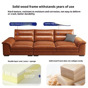 American Retro Waxed Leather Three Seater Straight <b>Sofa</b> Light Luxury Leather Couch <b>For</b> Small Living Room - Product Image 3