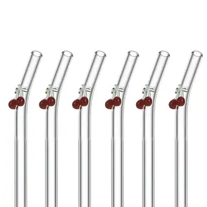 Top Seller Bar Accessories High Borosilicate Reusable Clear Bent Type Glass Straw Cute Cherry Design For Smoothie Cocktail Juice