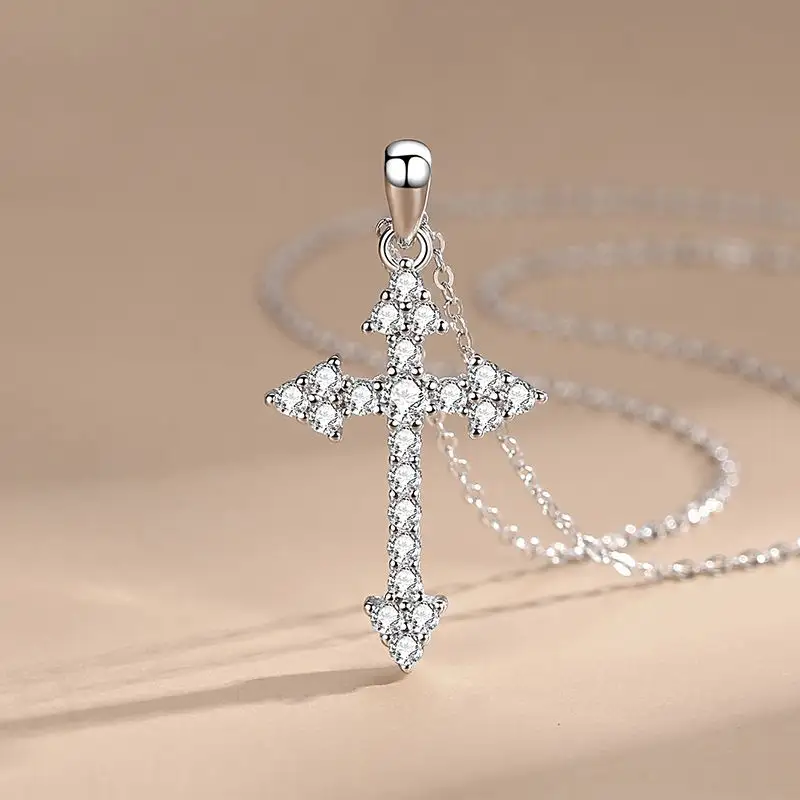 Wholesale 925 Sterling Silver Cross Necklace Full Diamond Personality Charm Pendant Necklace For Women