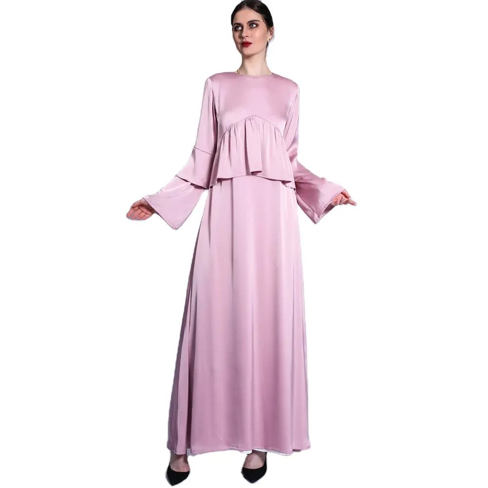 2024 Effen Kleur Matte Eenvoudige Stijl Flare Mouw Gegolfd Een Lijn Islamitische Kleding Vrouwen Dubai Abaya