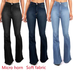 Celana Pensil Denim Biru Pas Badan Kaki Lebar Pinggang Tinggi Populer 2022 Celana Jeans Hitam Bawah Bell Mikro Wanita