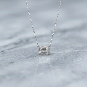 Lab Grown <b>Emerald</b> Cut Diamond <b>Pendant</b> Necklace Halo Charm Silver Plated for Women Wedding & Party Gift - Product Image 2