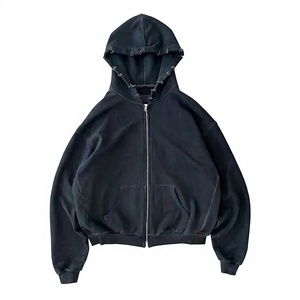 Custom Men's 450 GSM French Terry Acid Washed Distressed Vintage Blank <b>Black</b> <b>Zip</b> <b>Up</b> Streetwear <b>Hoodie</b> - Product Image 3