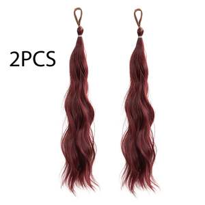 Lot de 2 extensions de cheveux tressées bouclées/ondulées, chignon élastique, postiches épaisses pour queue de cheval, 35 cm, pour femme (rouge bordeaux) - Product Image 3