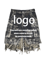 Celana Pendek Kargo 3/4 Panjang Model Street Style Faka Two Camo Print Patch Pocket Distressed Holes Raw Hem 100% Katun Anti-UV Ramah Lingkungan