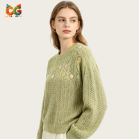 Nouvelle Arrivée CG Pull Léger pour Femme, Col Rond, Broderie Florale, Pointelle, Manches Raglan, Coupe Ample, Tricot d'Hiver OEM