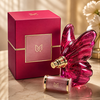 Flacon de parfum en verre transparent en forme de papillon de 30 ml et 50 ml avec pompe pulvérisatrice à sertir de 15 mm et capuchon fantaisie rose doré
