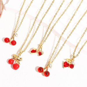 Collier tendance en acier inoxydable plaqué or 18 carats, inaltérable, avec pendentif cerise mignon en zircon brillant, bijoux pour femme - Product Image 2