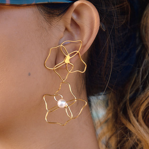 Flower Pearl Drop Earrings 18K Stainless Steel Claw Setting Everyday Wear - Product Image 2