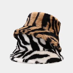 Grosir Topi Bucket Musim Dingin Bulu Imitasi Gambar Zebra Wanita