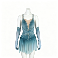 Robe de patinage et de danse dégradé bleu-vert pour enfants et adultes, avec découpe cœur en strass au dos, et longues manches, pour spectacle de patinage artistique