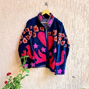 <b>Women</b>’s Deep Blue Embroidered <b>Velvet</b> Jacket – Pink Heart & Star Motif Open Front Short <b>Coat</b> - Product Image 1
