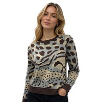 Pull en tricot à col rond pour femme, à manches longues, à motifs jacquard léopard rayé, décontracté pour l'hiver