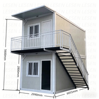 Maison préfabriquée modulaire en conteneur à 2 étages, structure en acier, bâtiment portable avec balcon et escalier pour bureau ou appartement