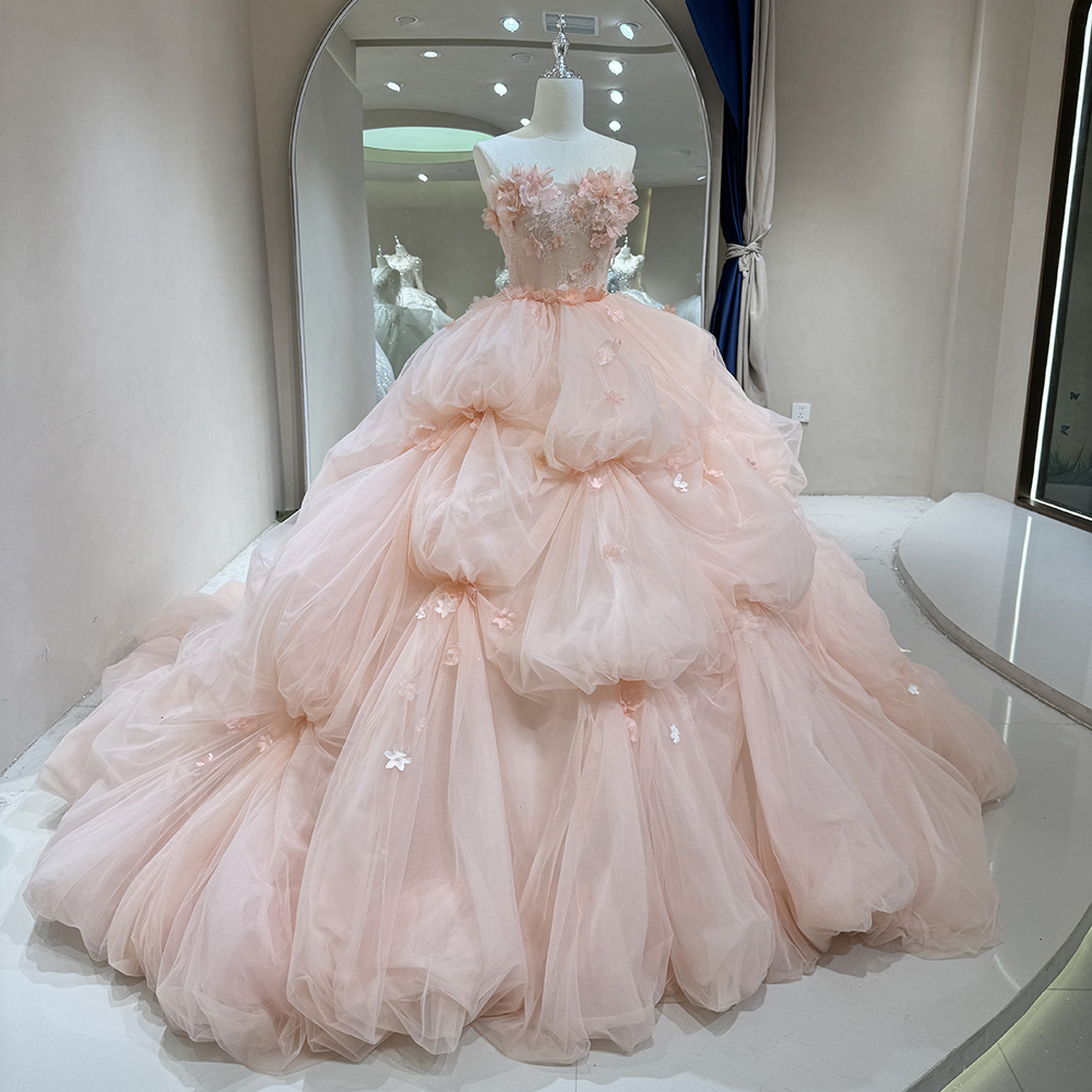 fairy pink dress Pink Lace Tulle Illusion Neck Garden A-line Wedding Dress – Brydealo