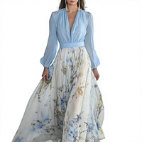 Mode Musim Panas Wanita Amerika Eropa 2025 Model Baru Cetak Digital V-Neck Motif Tanaman Bunga Patchwork Elegan Pinggang Sedang