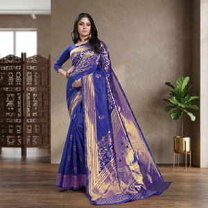 Sari en soie bleu royal avec motif paon en zari doré, sari pour mariage et occasions festives, vêtement traditionnel indien pour femmes. - Product Image 1