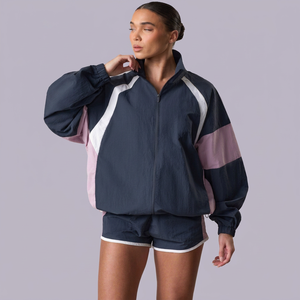 Ensemble coupe-vent colorblock pour femmes, sweat à capuche et short, vêtements de sport légers à fermeture éclair, survêtement 2 pièces, décontracté, pour la course à pied, la gym, le fitness - Product Image 1