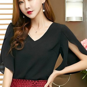 Chemisiers rouges pour femmes, <span class=keywords><strong>tunique</strong></span> élégante d'été, vintage, bureau, <span class=keywords><strong>grande</strong></span> <span class=keywords><strong>taille</strong></span>, col en V, chemisier basique en mousseline, haut, <span class=keywords><strong>chemise</strong></span> - Product Image 2