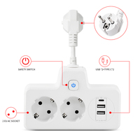 Steker Pengisian Cepat Standar EU dengan Stopkontak Ekstensi Listrik 2 Stopkontak AC 10A 2 Port USB A 1 Port USB C