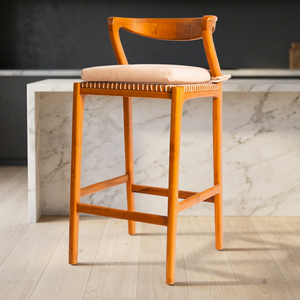 Chaise de bar Cleopatra en bois de teck et corde, assise en velours - Product Image 3