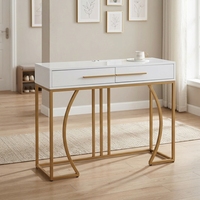 Table console contemporaine en MDF avec plateau en bois et étagère de rangement, finition métallique dorée, pour salon et appartement (vente en gros)