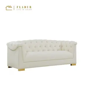 Cream Velvet Tuffted Rolled Arm Gold legs Accents Sofa for Living Room lounge Indoor Furniture