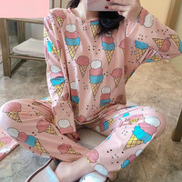 Nouvel ensemble de pyjama en soie de lait pour femme, motif mignon, manches longues et pantalon, idéal pour l'été et le printemps, style décontracté et confortable pour la maison