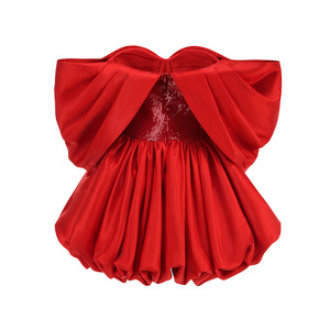Women's <strong>Red</strong> <strong>Sequin</strong> &amp; Satin Dress - Off-the-Shoulder with Dramatic Puffed Sleeves Dresses Sehe Fashion - Product Image 4