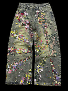 مصمم مخصص 3D مطرز زهرة الجينز الفضفاضة الهيب هوب نمط خمر الرجال المتعثرة الجينز - Product Image 2