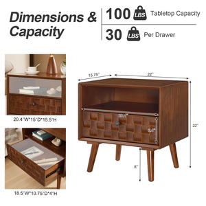 Comodino in Legno Stile Mid-Century Moderno, 22 Pollici, con Cassetto Geometrico Intagliato e Gambe in Legno Massello - Product Image 4