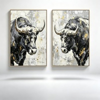 Ensemble de peintures à l'huile à texture épaisse Black Bull, Décoration moderne sur toile double panneau avec feuille d'or et bison abstrait pour bureau et salon