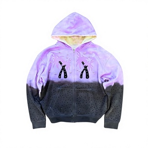 Sweat-shirt unisexe à capuche zippé tie-dye dégradé violet-noir, coupe ample, épaules tombantes, options d'effets usés disponibles, MOQ 10 - Product Image 1