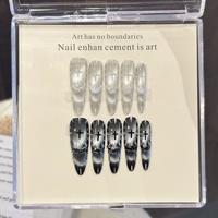 Faux ongles à presser pour femmes, noirs et argentés, effet œil de chat, longs, forme stiletto, motif étoile, chrome miroir, pour style gothique Y2K Glam