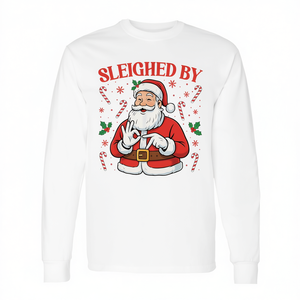 Maglietta a maniche lunghe con stampa digitale 'Sleighed By Santa Christmas Meme' per adulti, unisex, girocollo, promozionale - Product Image 3
