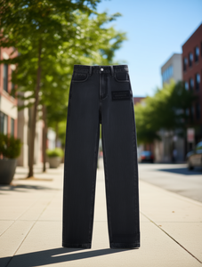 Jean tissé décontracté pour femme Fruit Loom, taille haute, coupe droite, couleur unie, délavage foncé, coupe ample, longueur intégrale, 100 % coton, style été - Product Image 2