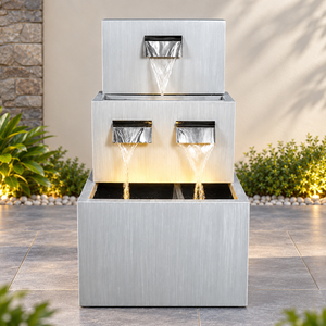 Fontana d'Acqua Moderna <span class=keywords><strong>da</strong></span> Esterno in Metallo con 3 Uscite a Cascata e Luce LED per <span class=keywords><strong>Giardino</strong></span>, Patio e Decorazione Hotel - Product Image 1