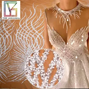 Telas bordadas francesas para vestido de novia, tul de lentejuelas de cristal, encaje de alta calidad, color blanco
