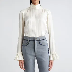 Office Ladies New Fashion Inner Solid White Long Sleeve top Classic Bell Cuffs Turtleneck Soft Satin Silk Ruched Blouse Shirt