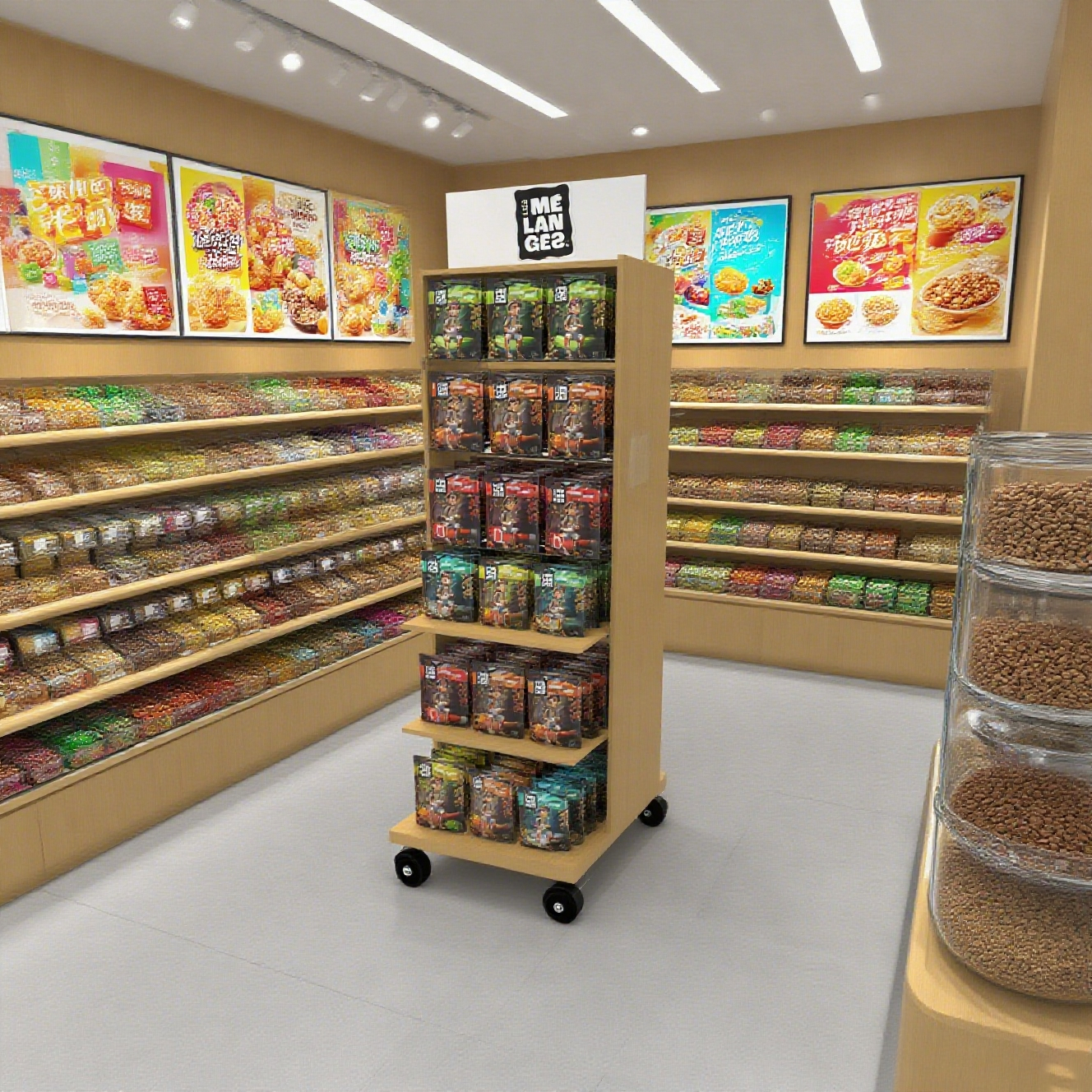 Apache Custom Floor Peanut Display Stand for Snack Shop Wooden Mobile Rack Hanging Hook Shelf Multi Tier Retail Store Wholesale — view 4