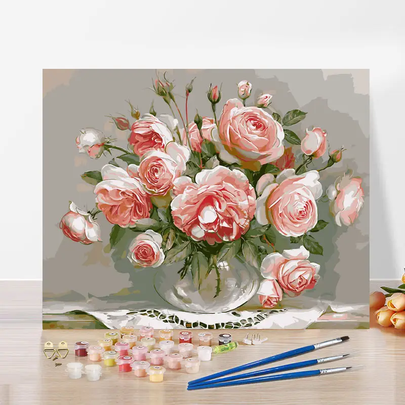 Penjualan laris 2023 kanvas cetak bentuk bunga Cantik + kuas cat + cat akrilik Set lukisan Diy dengan angka