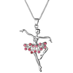Fashion Beautiful Crystal Jewelry Ballerina Ornaments Silver Rhinestone Dancing Girl Dancer Ballet Necklace