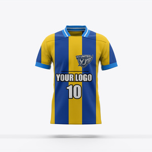 Servicio de Dropshipping, Conjunto Deportivo de Verano con Ribete a Rayas Vintage Azul y Amarillo, Cuello Acanalado para Equipo de Club - Product Image 1